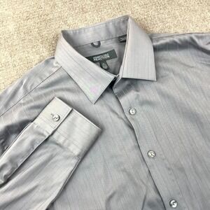 Kenneth Cole Reaction Dress Shirt Mens 17.5 Gray Striped Wrinkle Free Button Up